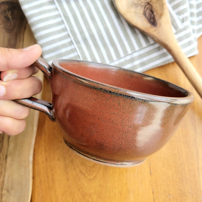 Large Cozy Soup Bowls with Handles in Rust Brown