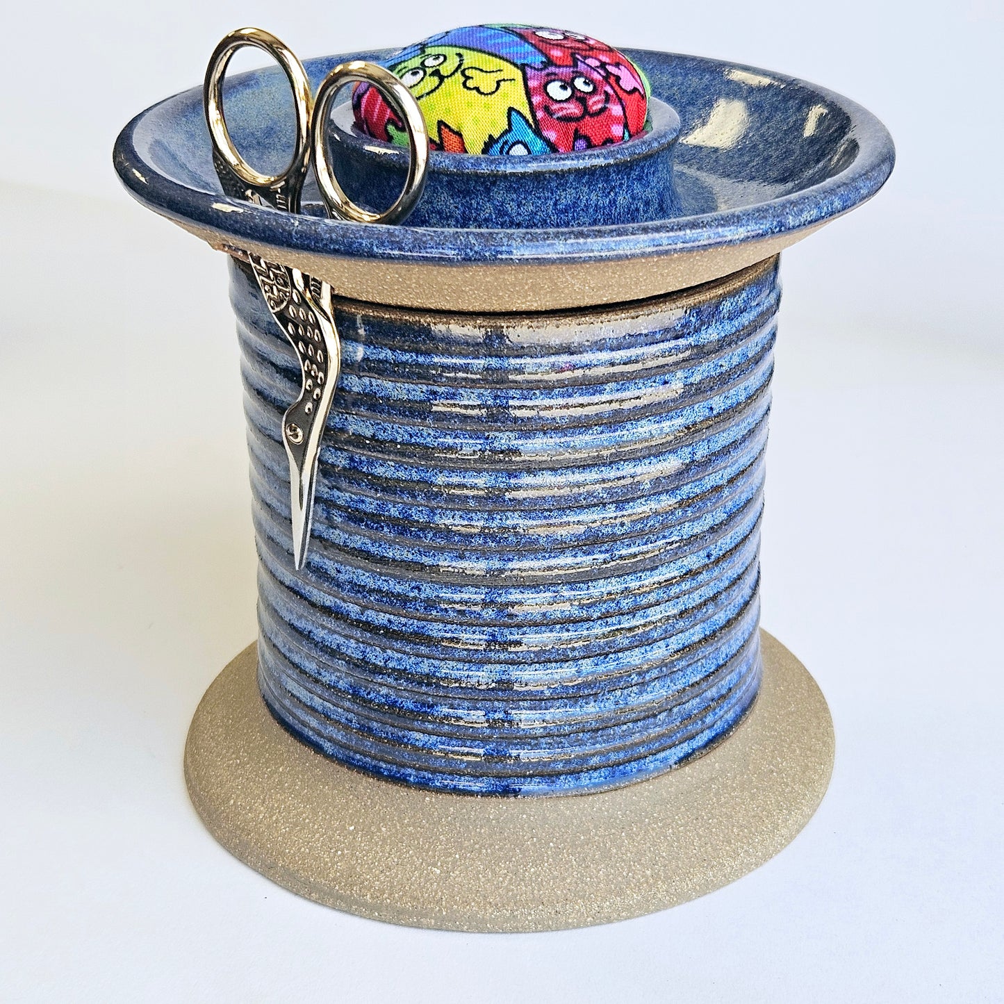 Handmade Sewing Station Caddy, Oversized Spool Design Storage, Unique Quilter's Gift in Blue