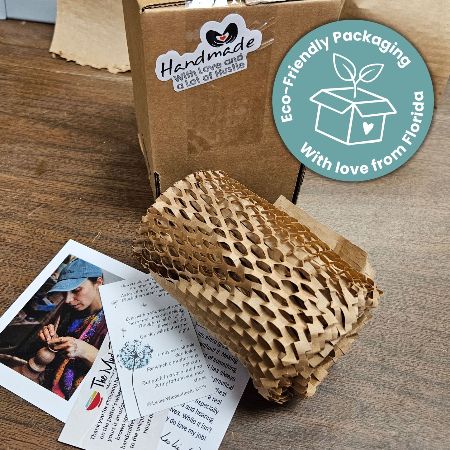 Eco-Friendly Packaging, green packaging, for handmade orders. Shipped with love from the Mud Place in Melbourne, Florida. Handmade with love and a lot of hustle.