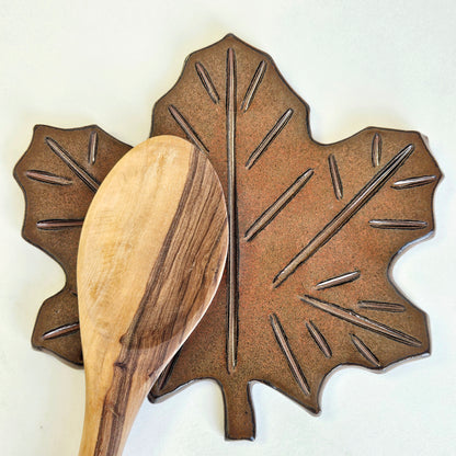 Maple Leaf Handmade Ceramic Spoon Rest, Rustic Nature Kitchen Decor Style for Countertop