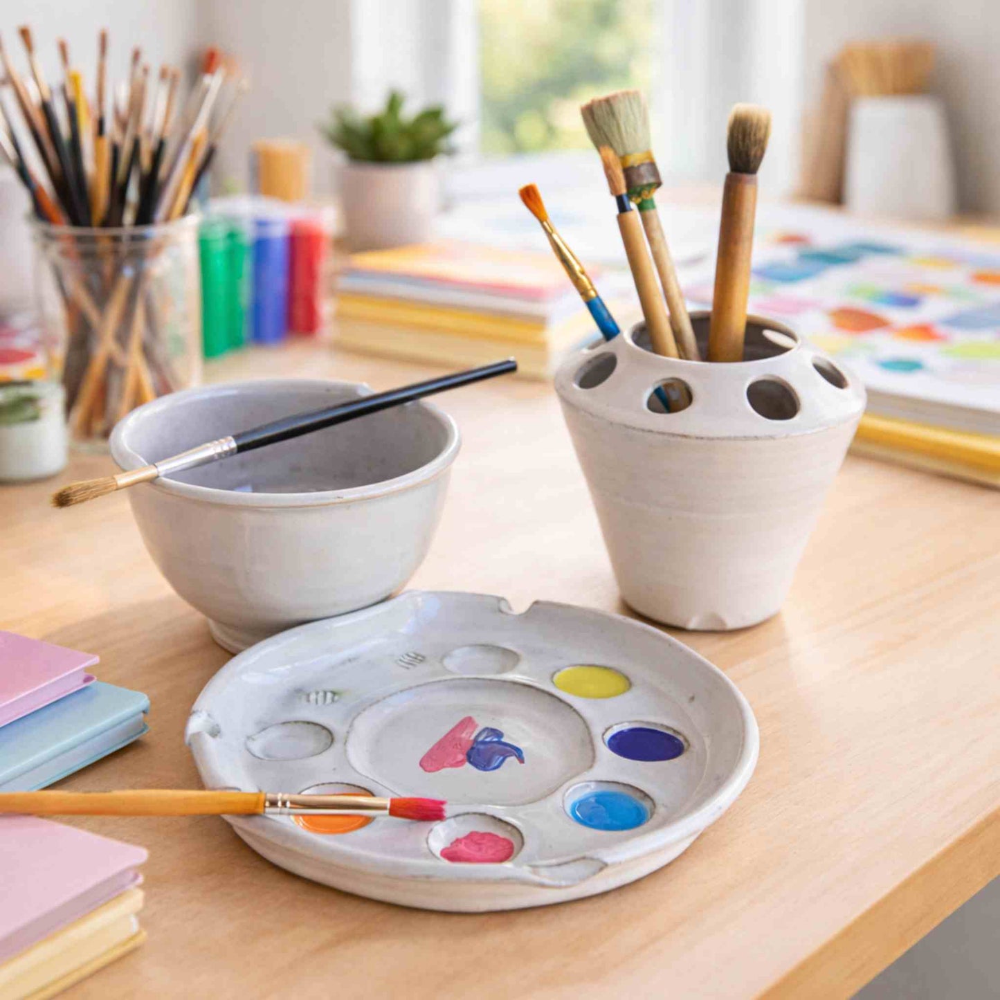 Watercolor Painting and art supplies including paintbrushes, a brush rinse bowl, and a color paint palette on a wooden table.