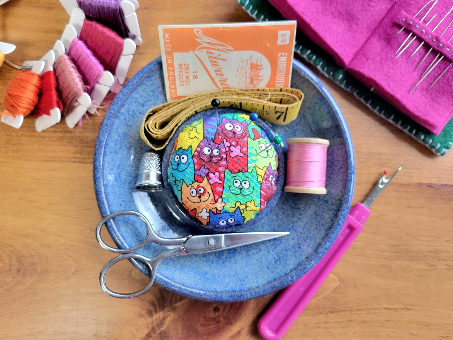 Sewing Pincushion and Notions Holder Rainbow Cat Blue