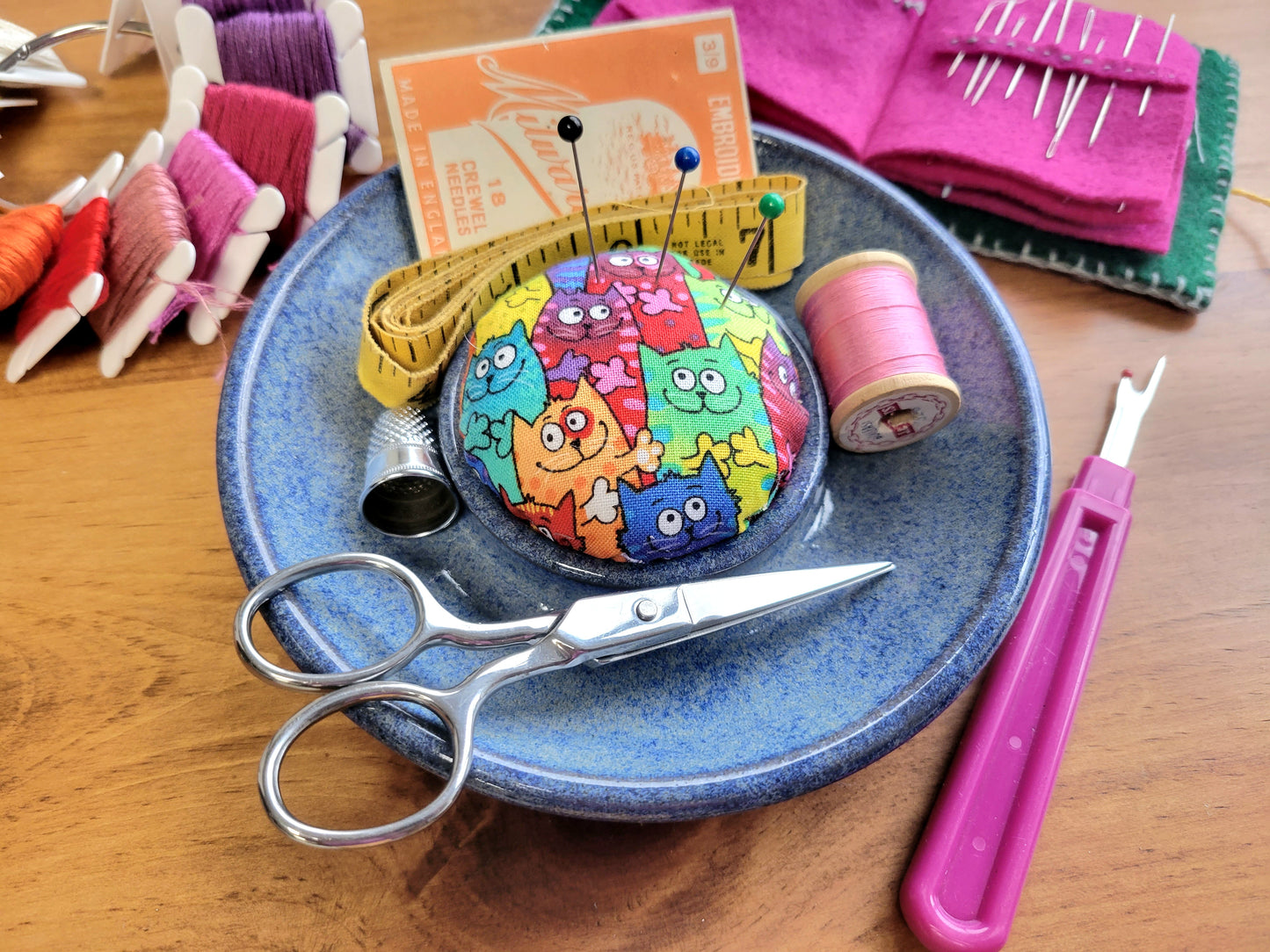 Sewing Pincushion and Notions Holder Rainbow Cat Blue
