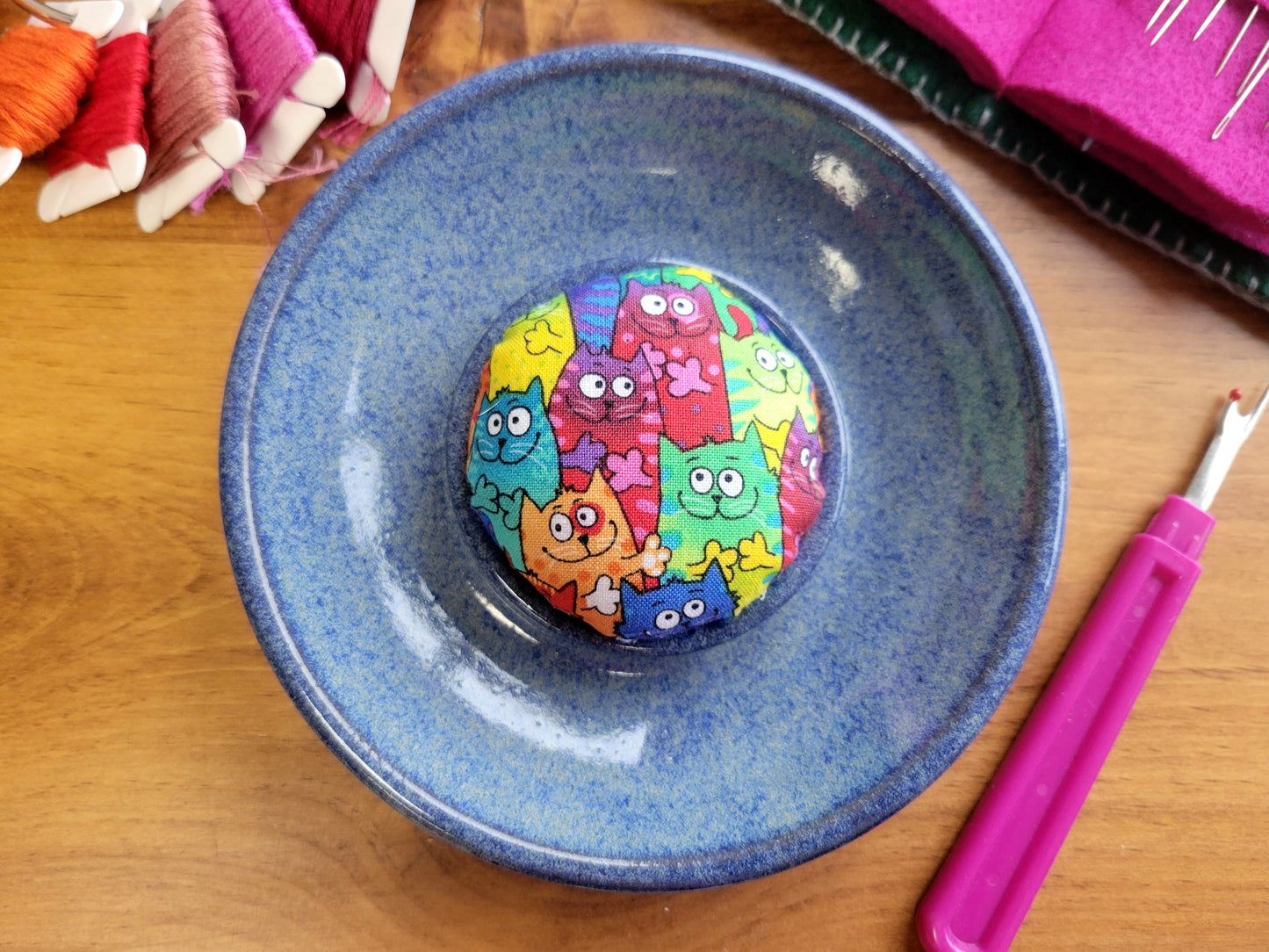 Sewing Pincushion and Notions Holder Rainbow Cat Blue