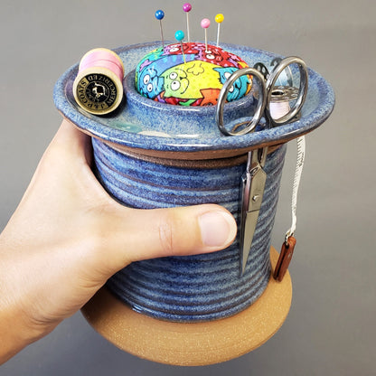 Handmade Sewing Station Caddy, Oversized Spool Design Storage, Unique Quilter's Gift in Blue