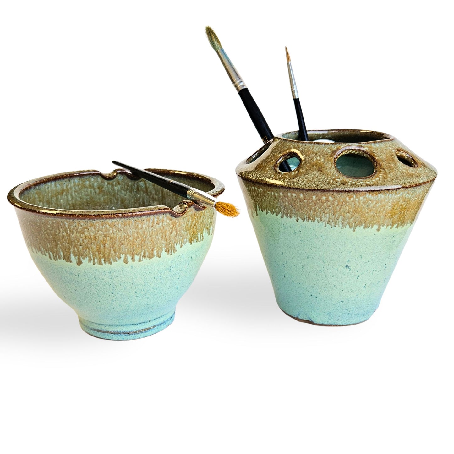 Handmade ceramic watercolor painting set with matching blue brush rinse bowl and coordinating pottery tool caddy. Features built-in brush rests, multiple tool slots for pens, pencils, or paintbrushes, and durable dishwasher-safe stoneware. Perfect for artists, painters, and crafters.