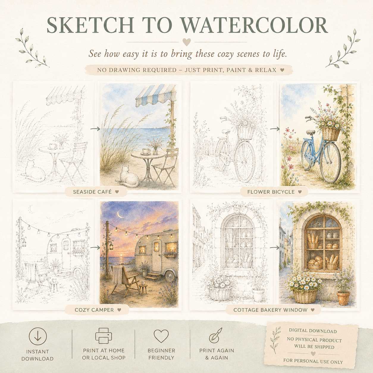 Before and after watercolor painting examples showing printable sketches transformed into finished watercolor art