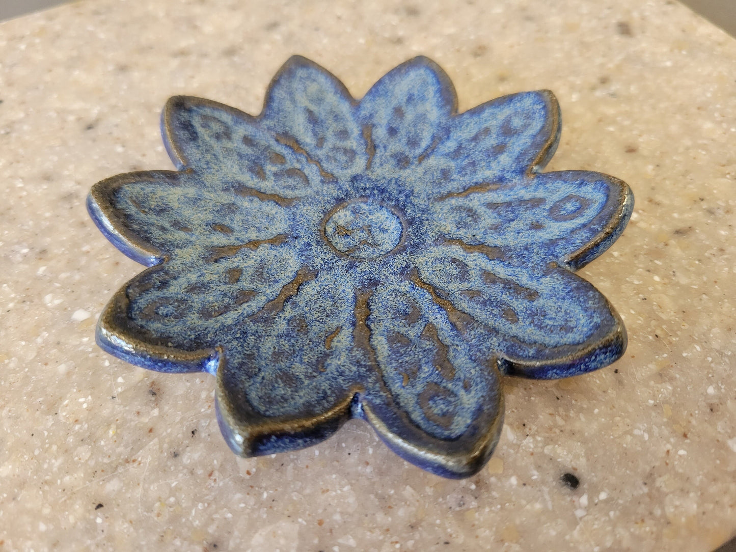 Flower Shaped Teaspoon Rest for Coffee Bar - Mini Ceramic Pottery Decor - Miniature Tea Bag Holder in Denim Blue