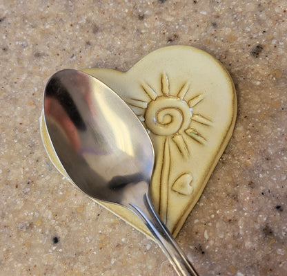 Heart Shaped Spoon Rest for Coffee Bar - Mini Ceramic Teaspoon Holder - Farmhouse Off White Butter Cream