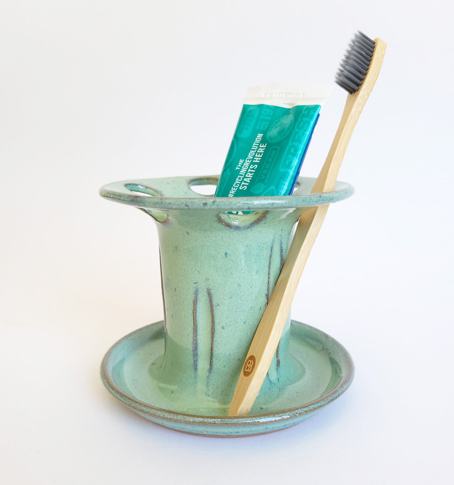 6 Hole Wide Slot Toothbrush Razor Holder Green Handmade Pottery
