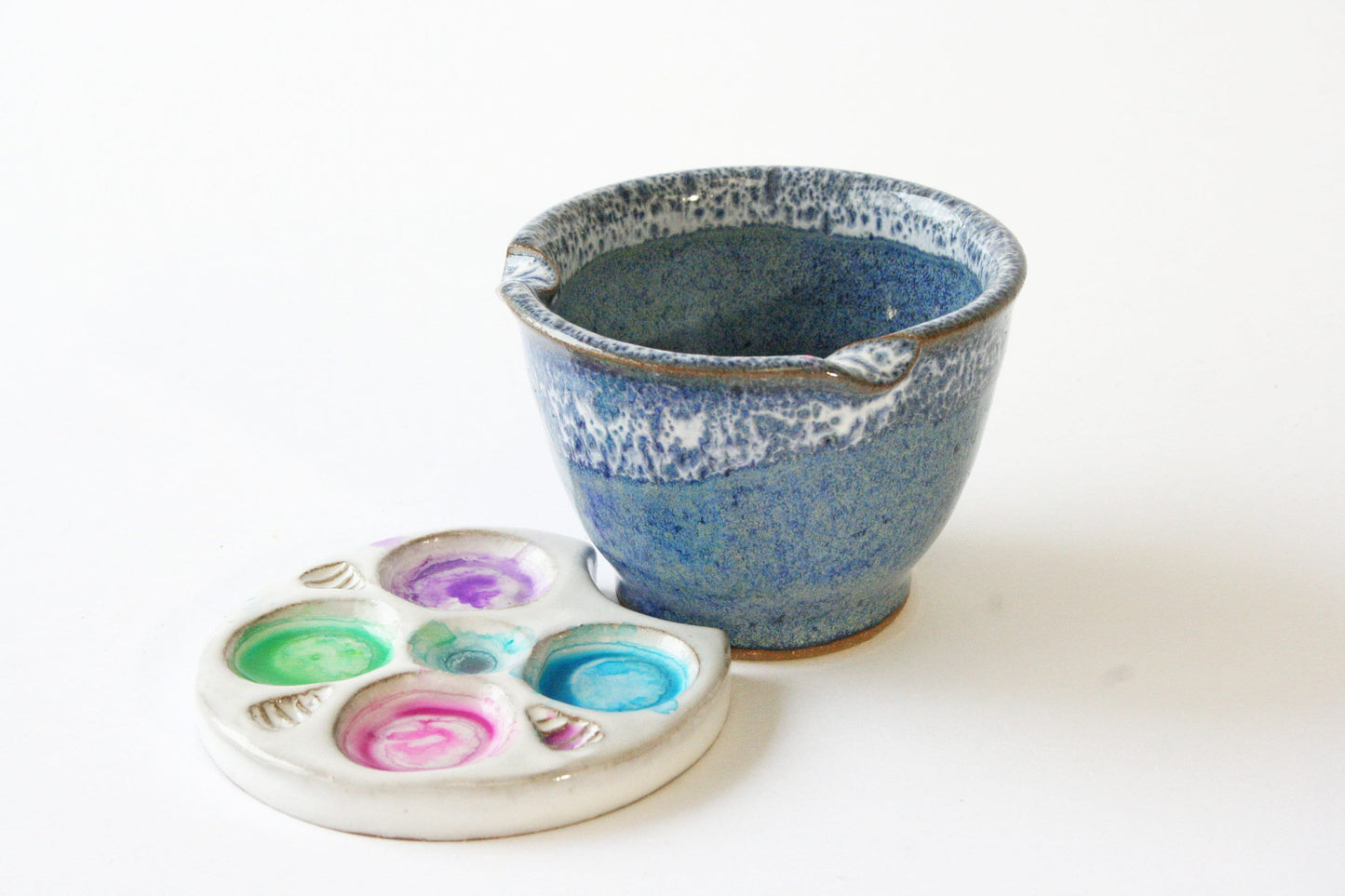 Palm Palette and Watercolor Bowl 2pc Set Painting Watercolor rest stand for painters rinse Blue Speckled White