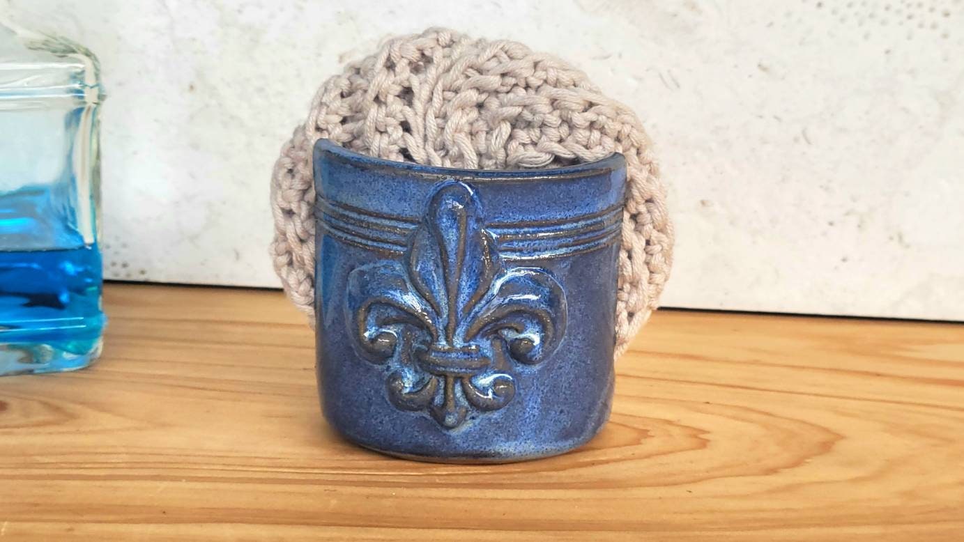 Fleur De Lis Sponge Holder Handmade Ceramic Pottery Denim Blue Glaze