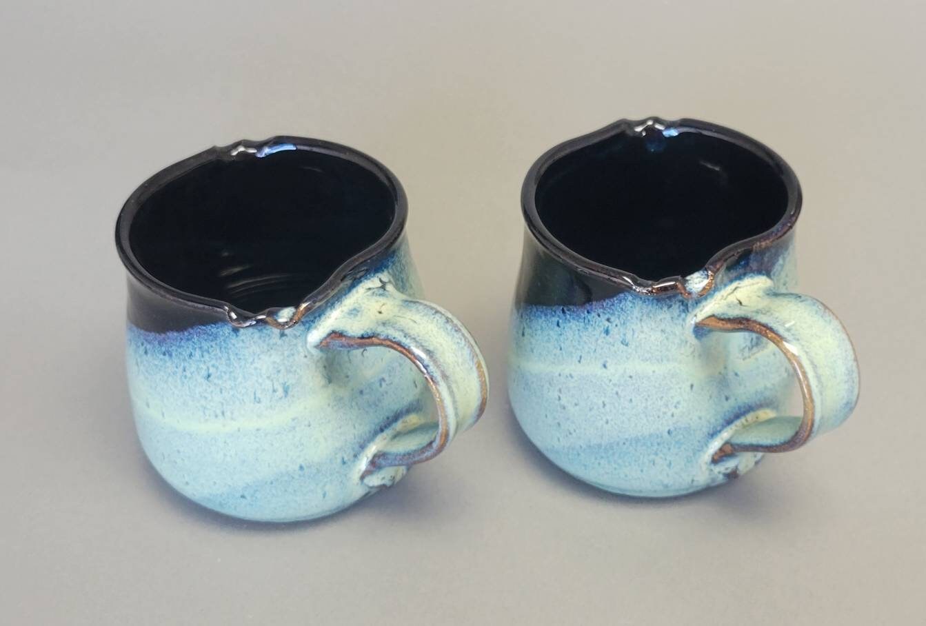 Set of 2 or 4 Large Concave handle Coffee Mugs in Glossy Black Green Blues