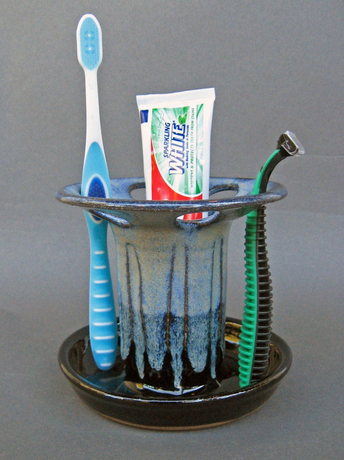 6 Hole Wide Slot Toothbrush Safety Razor Holder Black Blue Handmade Pottery