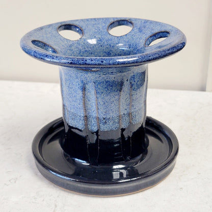 6 Hole Wide Slot Toothbrush Safety Razor Holder Black Blue Handmade Pottery
