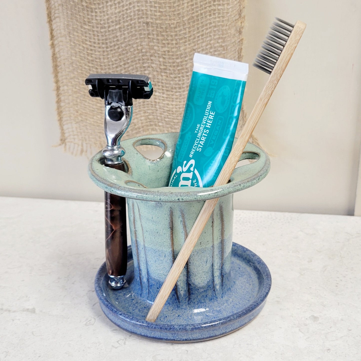 Toothbrush Razor Holder – Handmade Pottery in Green Blue