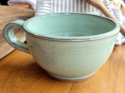 Soup and Cereal Bowls Handmade Pottery Country Style Handled in Green