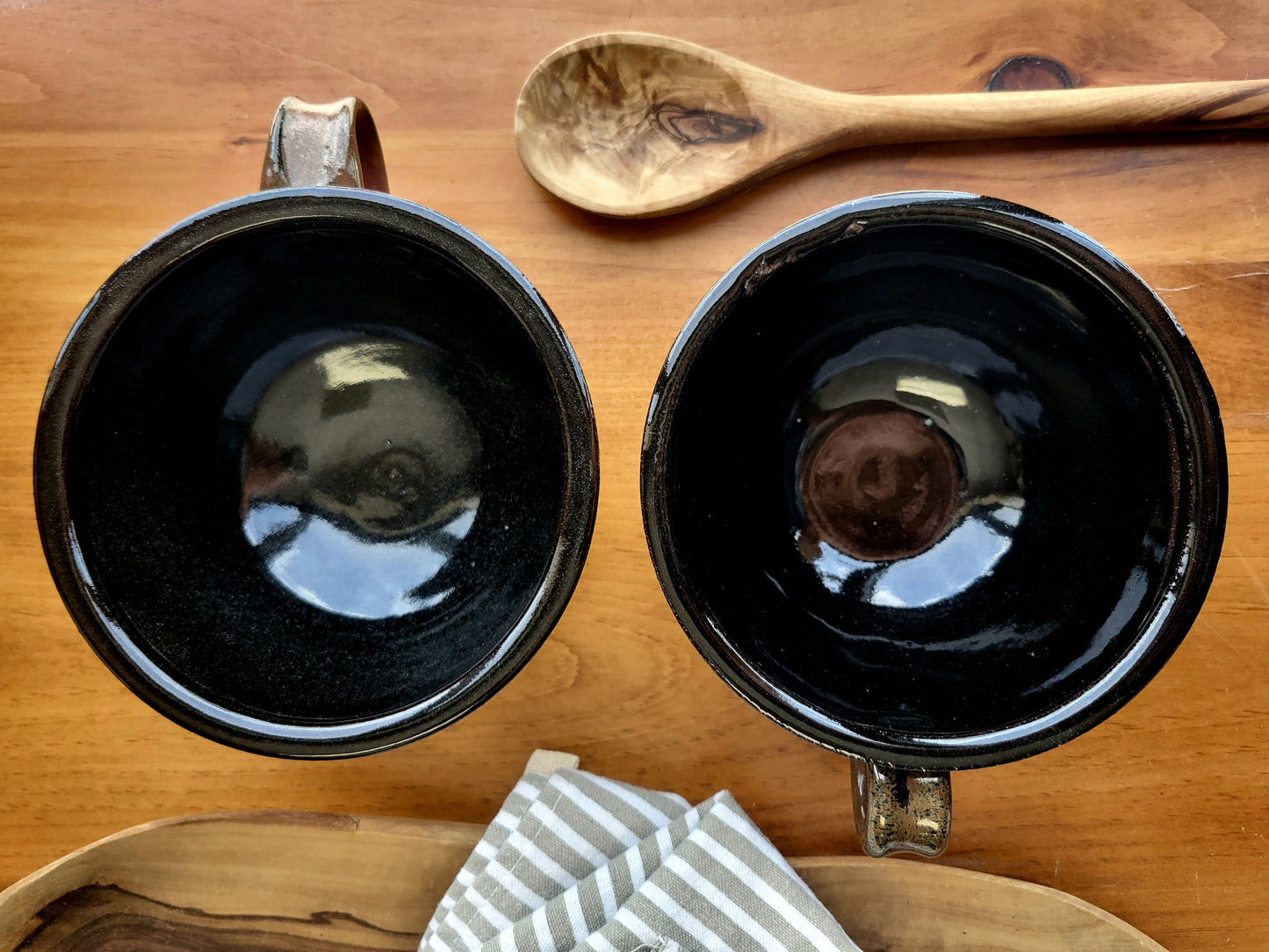 Large Cozy Soup Bowls with Handles in Oiled Mahogany Black