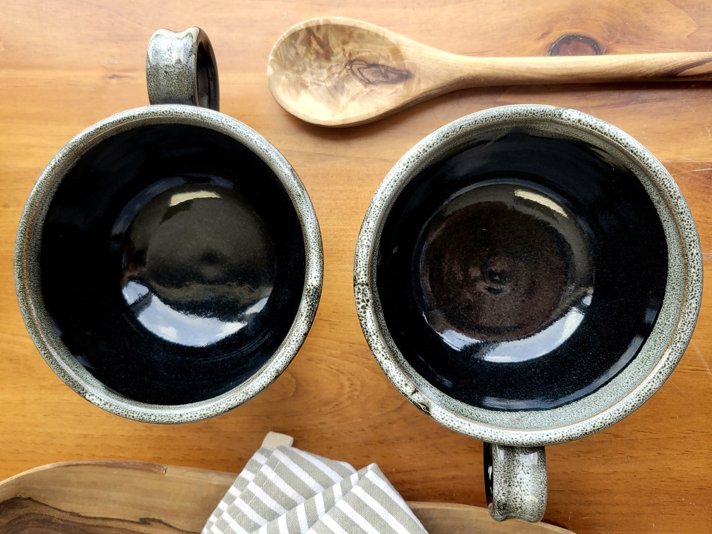 Soup Bowls with Handles in Black White Speckles
