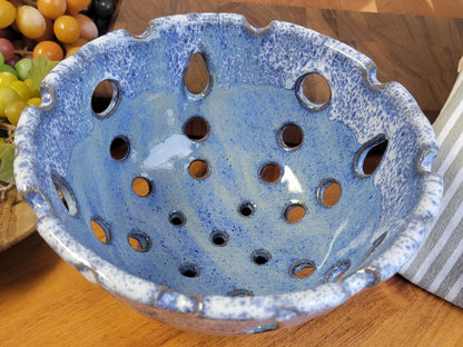 Ceramic Berry Colander Rinse Bowl - Handmade Pottery Strainer Basket for Washing Fruit in Sink Blue White Speckles
