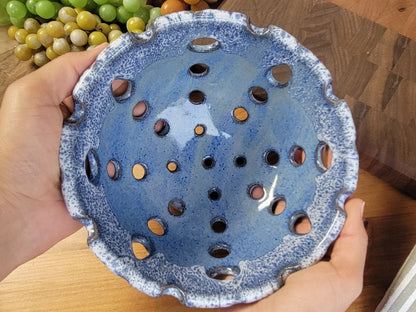 Ceramic Berry Colander Rinse Bowl - Handmade Pottery Strainer Basket for Washing Fruit in Sink Blue White Speckles