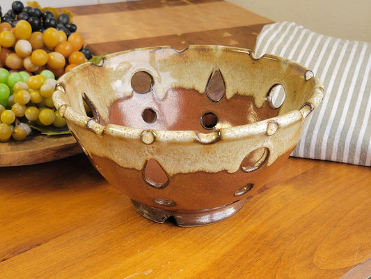 Ceramic Berry Colander Rinse Bowl - Handmade Pottery Strainer Basket for Washing Fruit in Sink Rust Speckled Tan