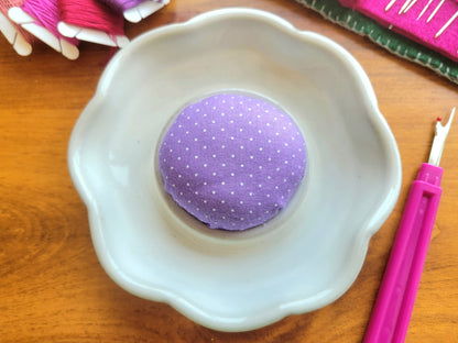 Flower Shaped Pincushion and Sewing Notions Holder Dish - Needle and Bobbin Organizer in Lavender Polka Dot Pattern