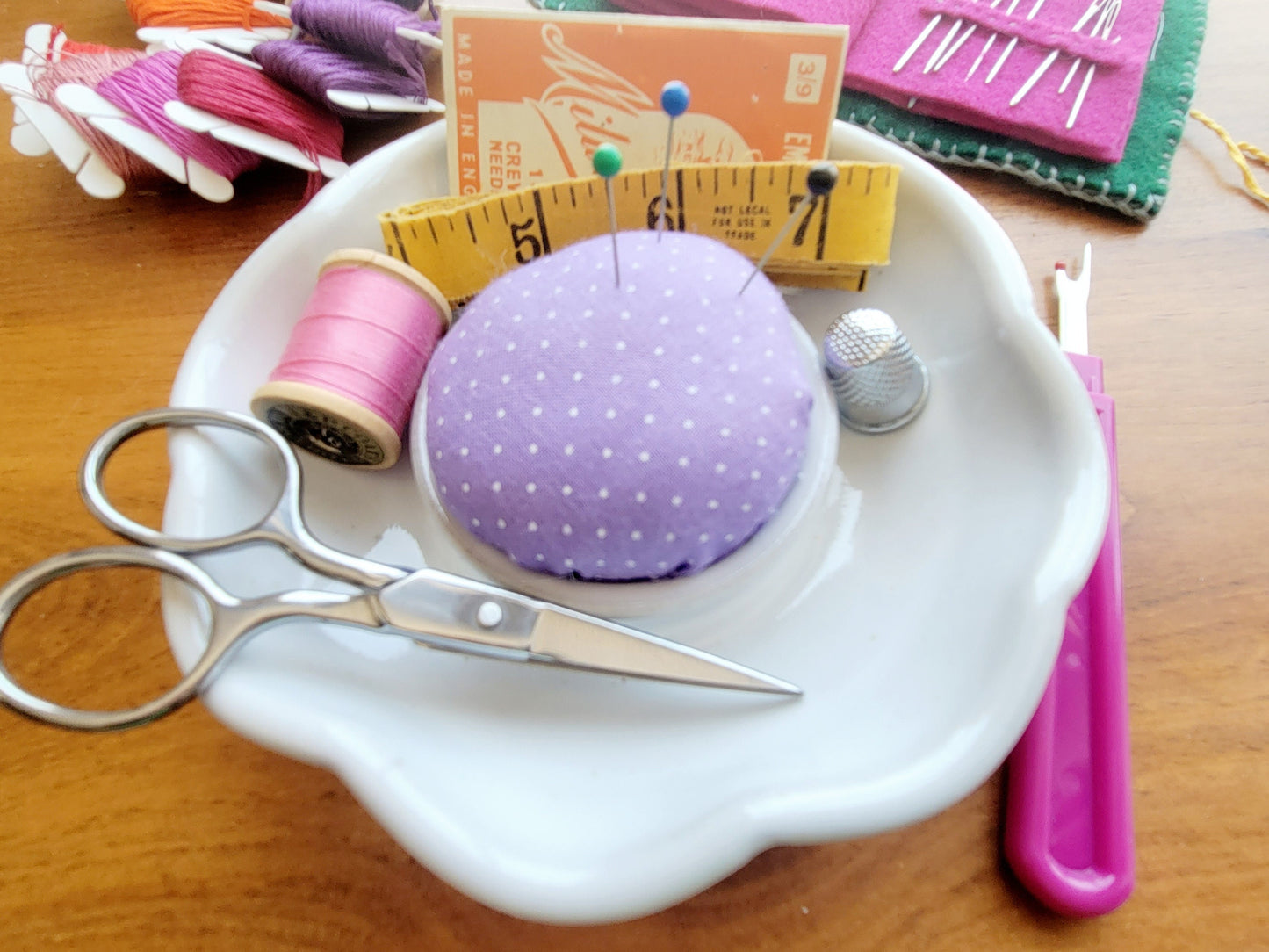 Flower Shaped Pincushion and Sewing Notions Holder Dish - Needle and Bobbin Organizer in Lavender Polka Dot Pattern