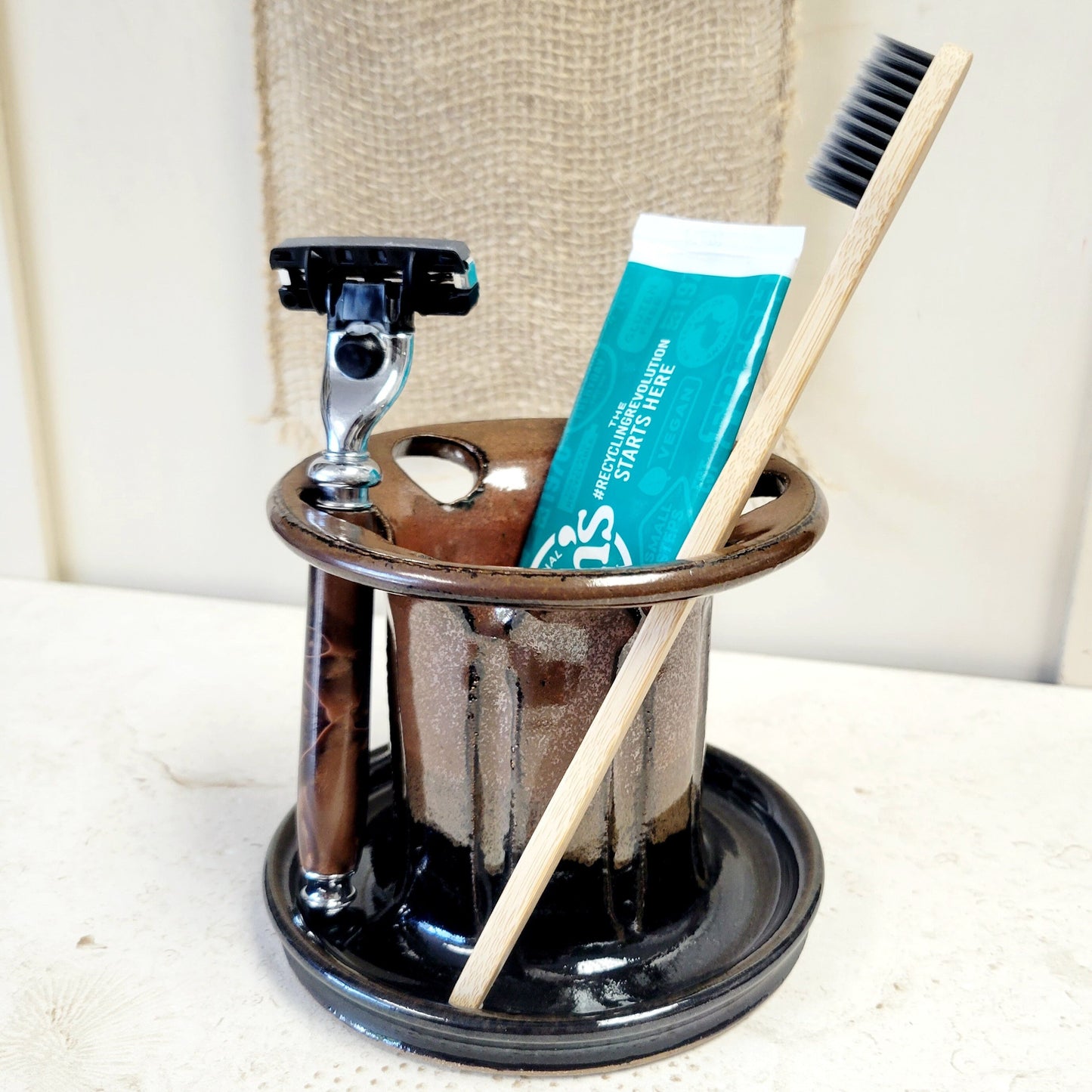 Handmade Ceramic Toothbrush Holder for Large Family - 6 Slot Tooth Brush & Paste Stand Rust Black