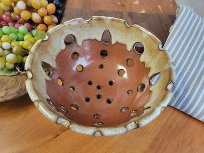 Ceramic Berry Colander Rinse Bowl - Handmade Pottery Strainer Basket for Washing Fruit in Sink Rust Speckled Tan