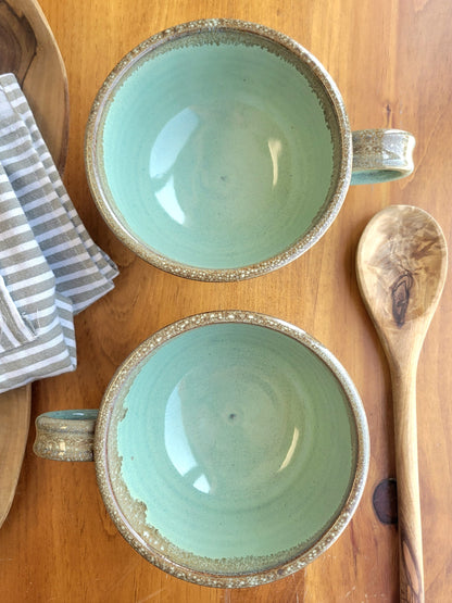 Handled Soup and Cereal Bowls with Tall Sides - Chowder Mugs with Handles Green Bronze Chili Cookoff