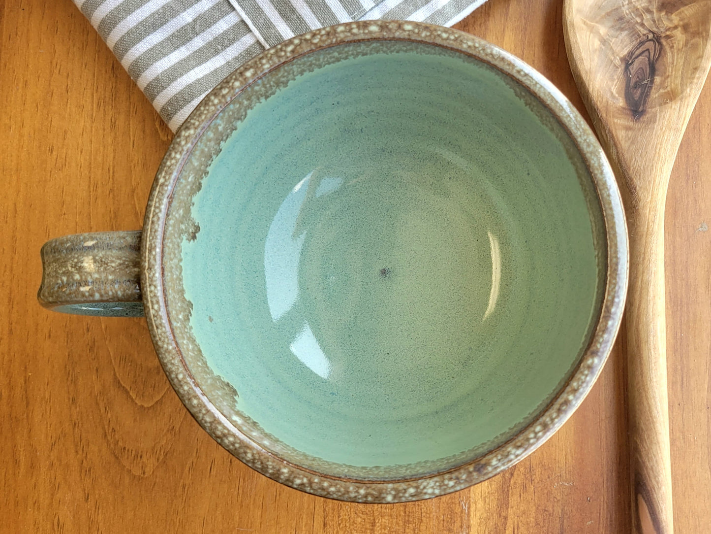 Handmade Green Bronze Chowder Bowl with Handle – Rustic Pottery
