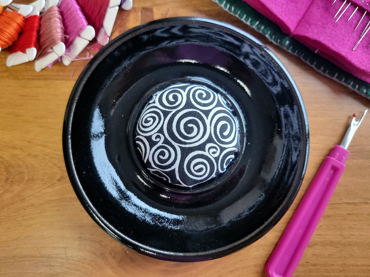 Sewing Notions Holder Dish with Pincushion - Needle Bobbin Storage Decor Black White Swirl Print