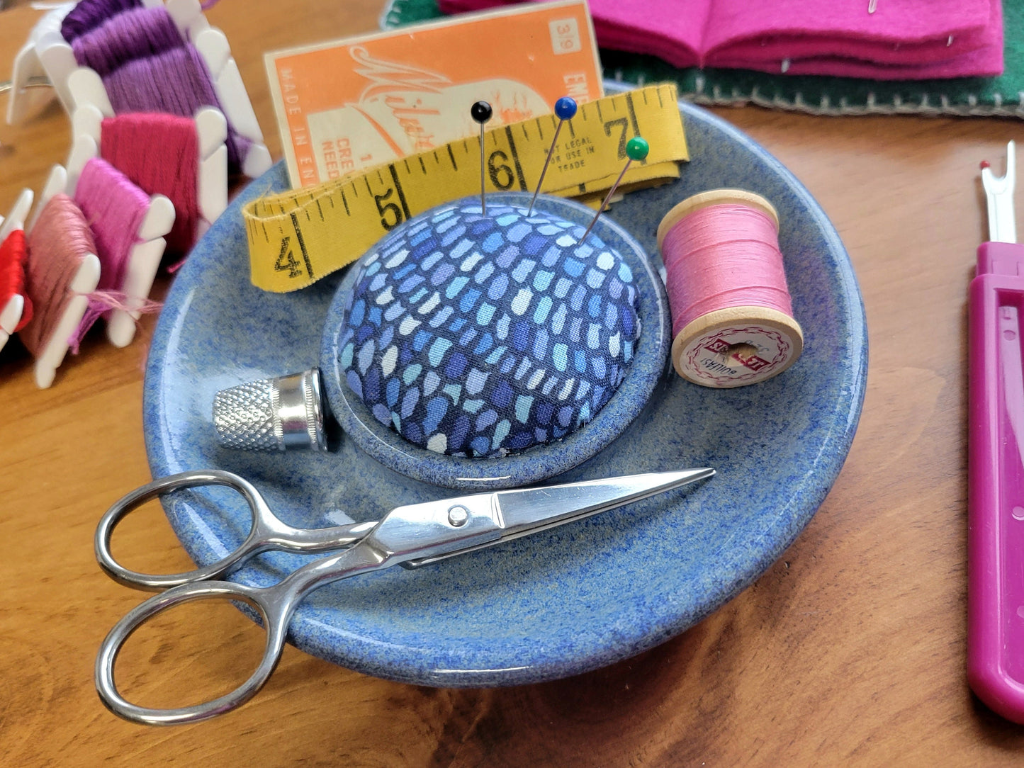 Sewing Notions Holder Dish with Pincushion - Needle Bobbin Storage Decor Farmhouse Blue Mermaid Scales Print
