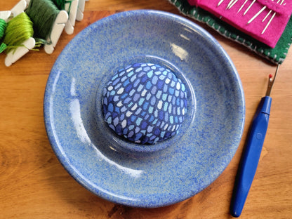 Sewing Notions Holder Dish with Pincushion - Needle Bobbin Storage Decor Farmhouse Blue Mermaid Scales Print