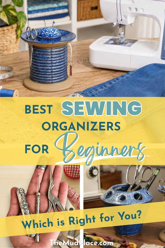 Collage featuring handmade ceramic sewing organizers, scissors, pins, and sewing tools beside a sewing machine with the text "Your Sewing Room Is Missing This." Which is Right for You?