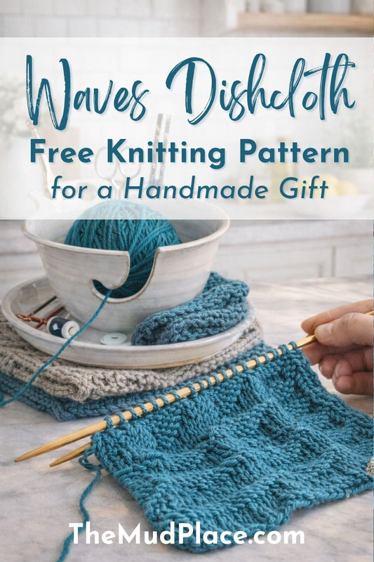 Kitchen with knitting dishcloth project on counter with ceramic yarn bowl, stitch counter and needles and overlay text "Waves Dishcloth Free Knitting Pattern for a Handmade Gift" 