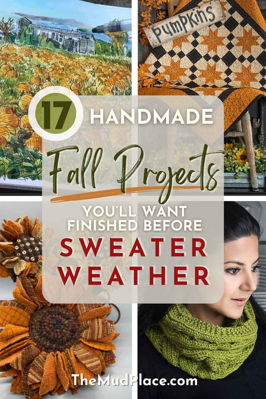 Handmade fall project ideas including a watercolor pumpkin patch, autumn quilting, wool appliqué and a cozy knitted cowl