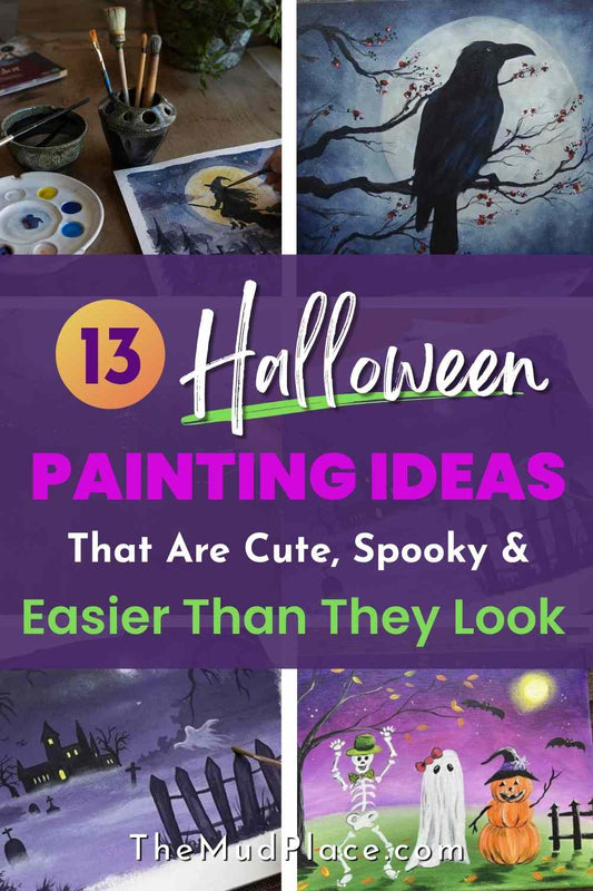 Collage of cute and spooky Halloween painting ideas featuring a watercolor painting workspace, moonlit raven, haunted landscape, and whimsical Halloween characters.