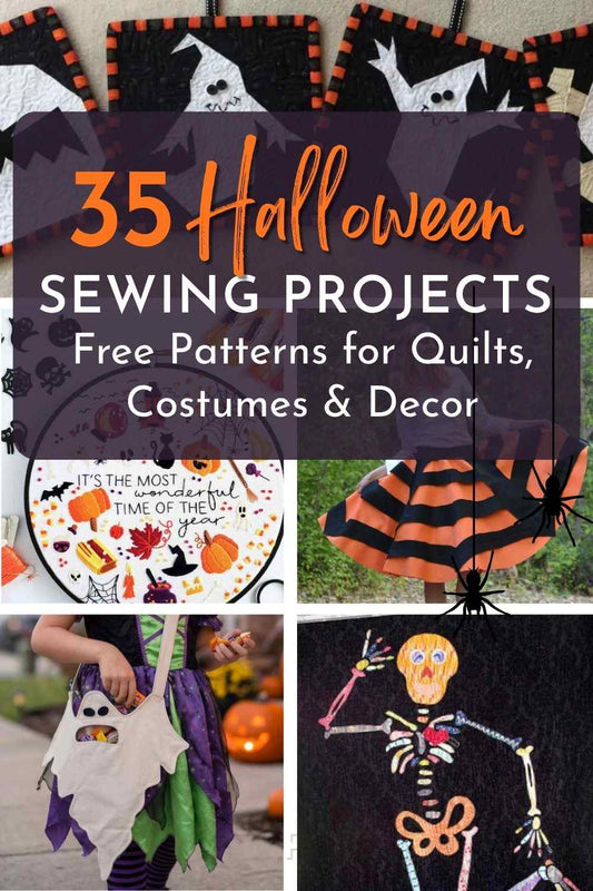 Collage of Halloween sewing projects featuring quilts, costumes, ghost treat bags, embroidery, and home decor with free and paid Halloween sewing patterns for beginners and experienced sewists.