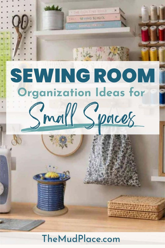 Organized small sewing room with pegboard tool storage, wall shelves, thread racks, a sewing machine, and a spool-shaped sewing caddy.