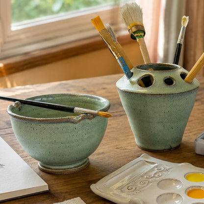 Painter’s Rinse Bowl & Brush Caddy Set with Paintbrush Rest – Green