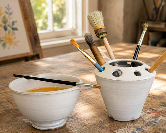 Paint Brush Organizer & Water Rinse Bowl and Rest, Artist Gift Set White