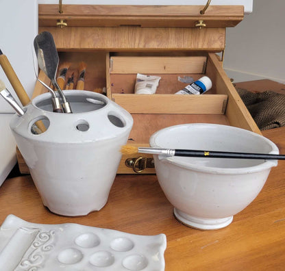 Paint Brush Organizer & Water Rinse Bowl and Rest, Artist Gift Set White