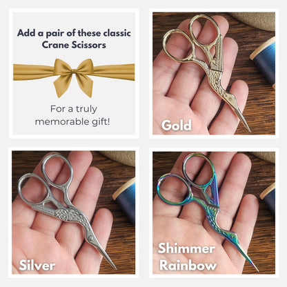 A view of three crane scissors as an add-on to the sewing caddy that come in rainbow, silver or gold tone with text overlay of scissor color options.