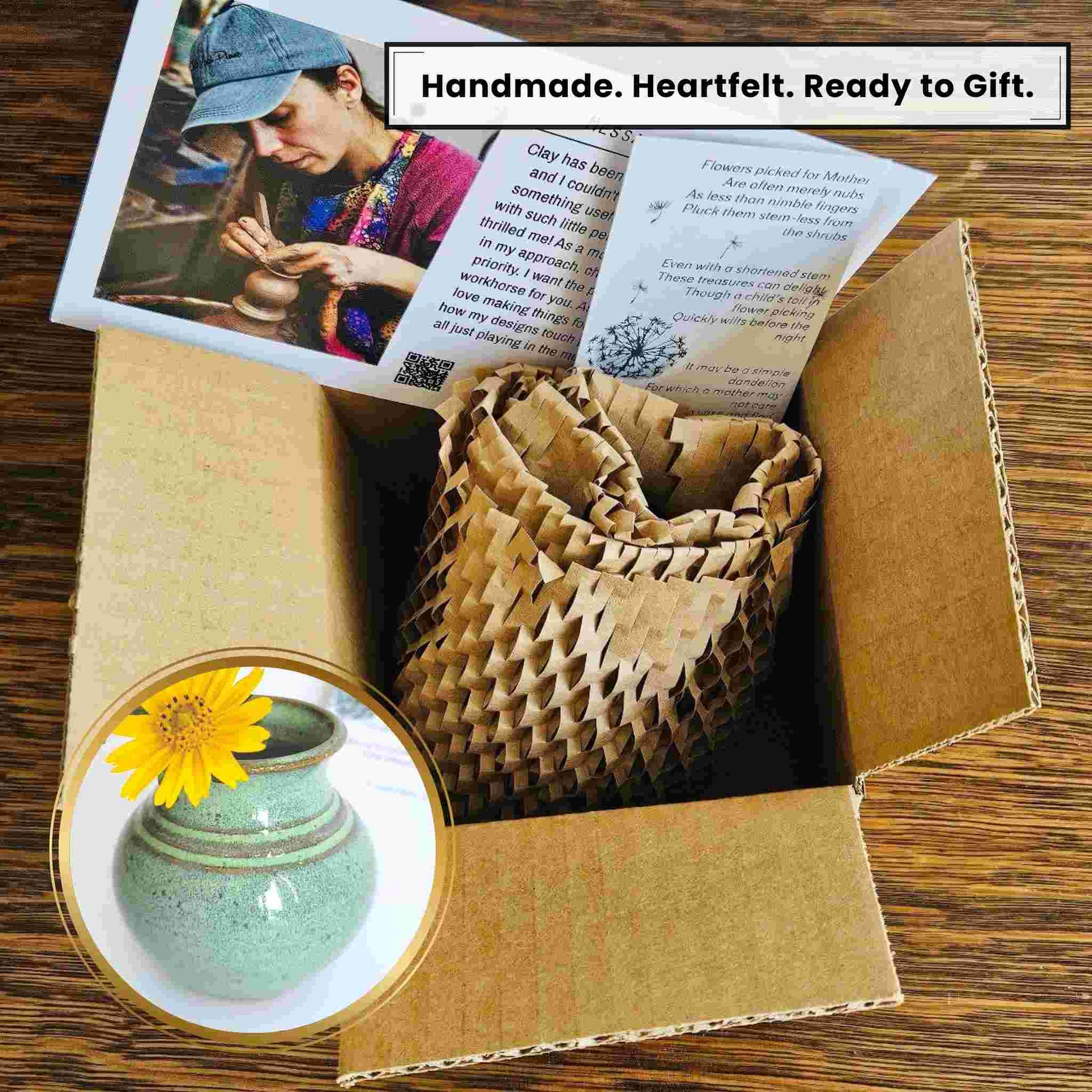 Eco-friendly gift idea: Mommy Pot mini ceramic vase with poem. Handmade pottery bud vase for wildflowers, ready-to-gift with sustainable packaging.
