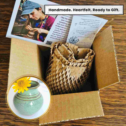Eco-friendly gift idea: Mommy Pot mini ceramic vase with poem. Handmade pottery bud vase for wildflowers, ready-to-gift with sustainable packaging.