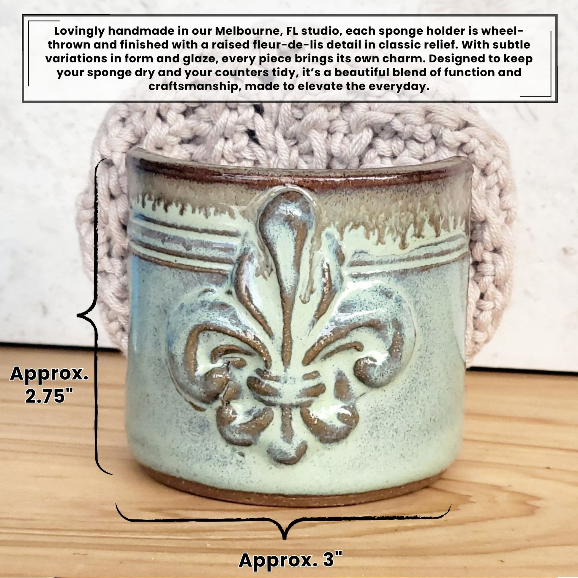 Fleur De Lis Sponge Holder Handmade Ceramic Pottery Stripes White