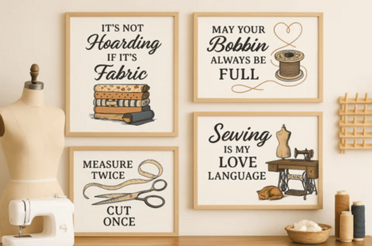 Free Sewing-themed printable wall art crafted into wall art PDF prints. Prints include quotes like “It’s Not Hoarding If It’s Fabric,” “May Your Bobbin Always Be Full,” “Measure Twice Cut Once,” and “Sewing Is My Love Language,” styled in warm tones with vintage illustrations.