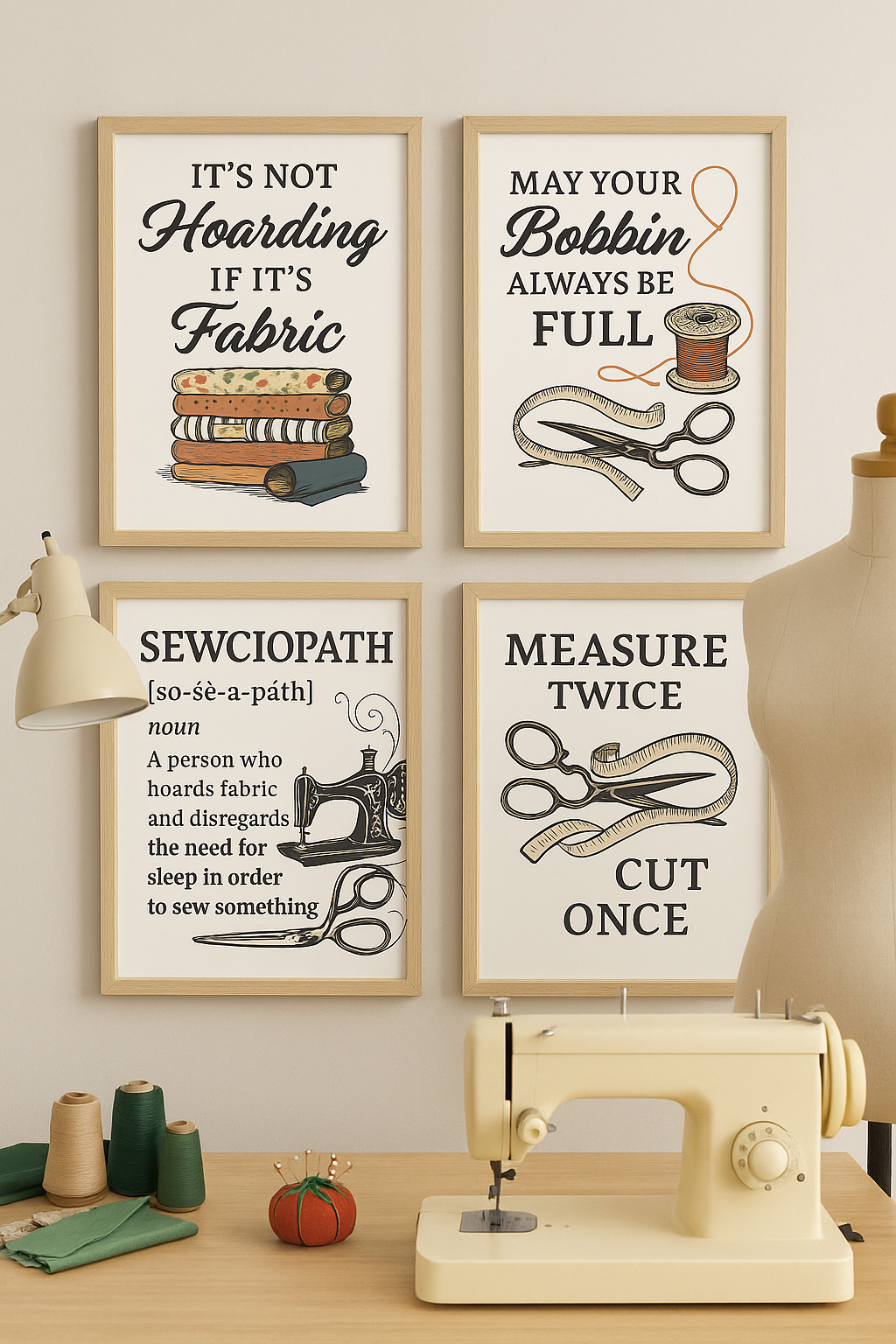 Free Sewing-themed printable wall art crafted into wall art PDF prints. Prints include quotes like “It’s Not Hoarding If It’s Fabric,” “May Your Bobbin Always Be Full,” “Measure Twice Cut Once,” and “Sewing Is My Love Language,” styled in warm tones with vintage illustrations.